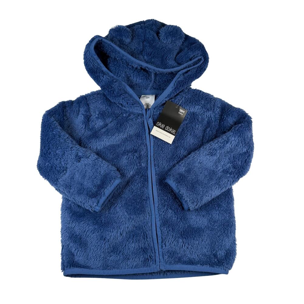 Okie Dokie Full Zip Jacket Boys 18M Faux Fur Blue Hooded Bear Ears NWT